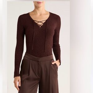 Jason Wu Criss Cross Tie Sweater Ribbed Knit Stretch Brown Long Sleeve top Sz S